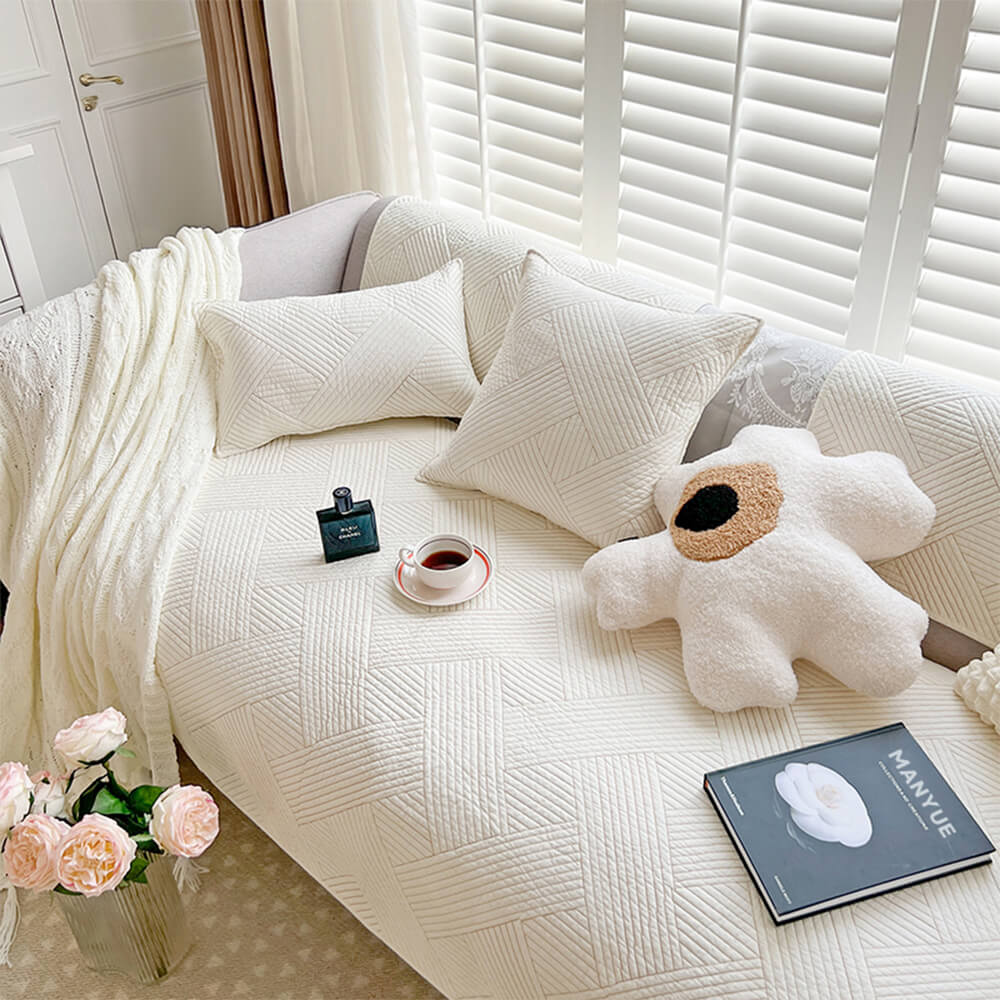 Minimalist All-Season Solid Cotton Geometric Quilted Anti-Slip Couch Cover - Holidayae