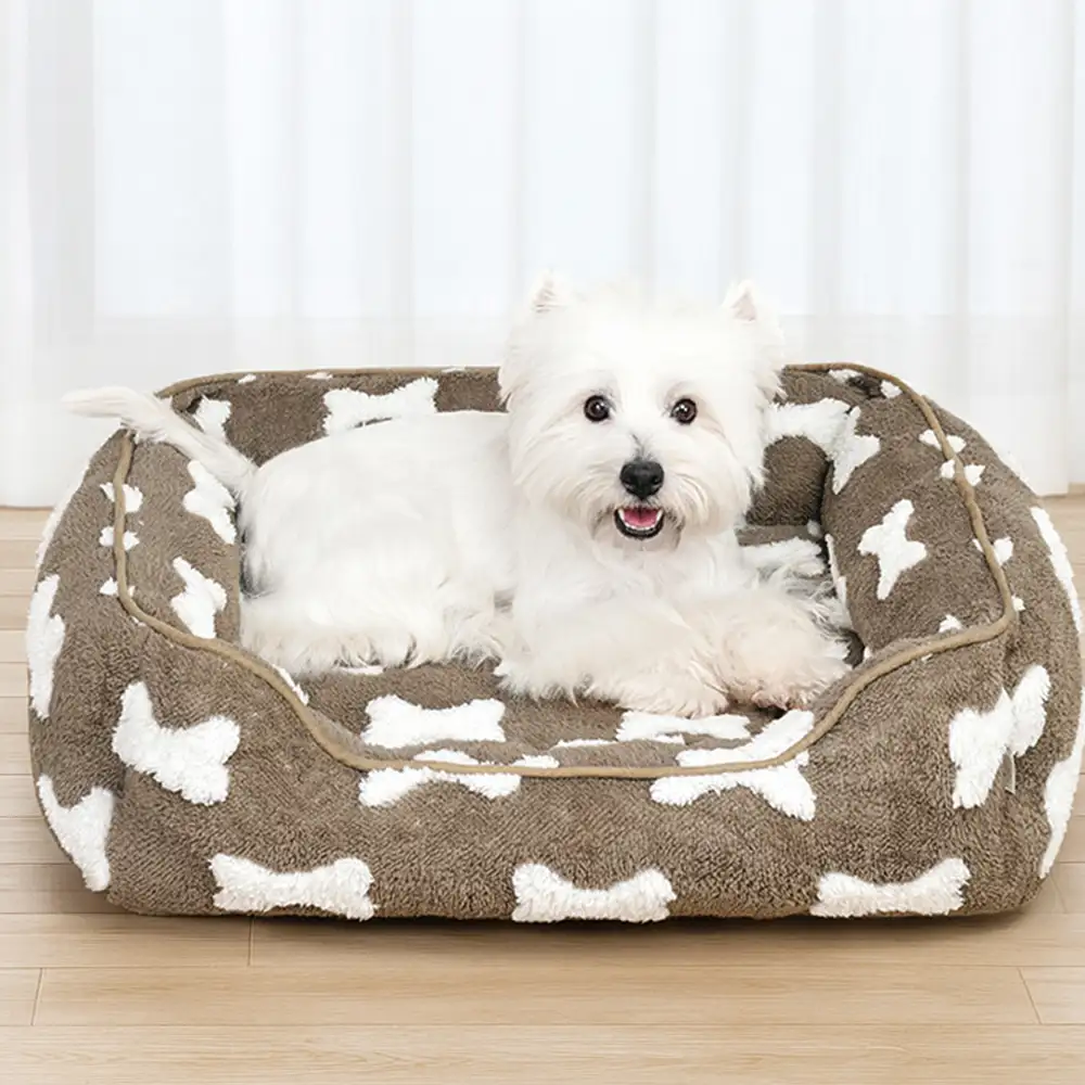 Plush Bone Pattern Square Deep Sleep Dog Bed - Holidayae