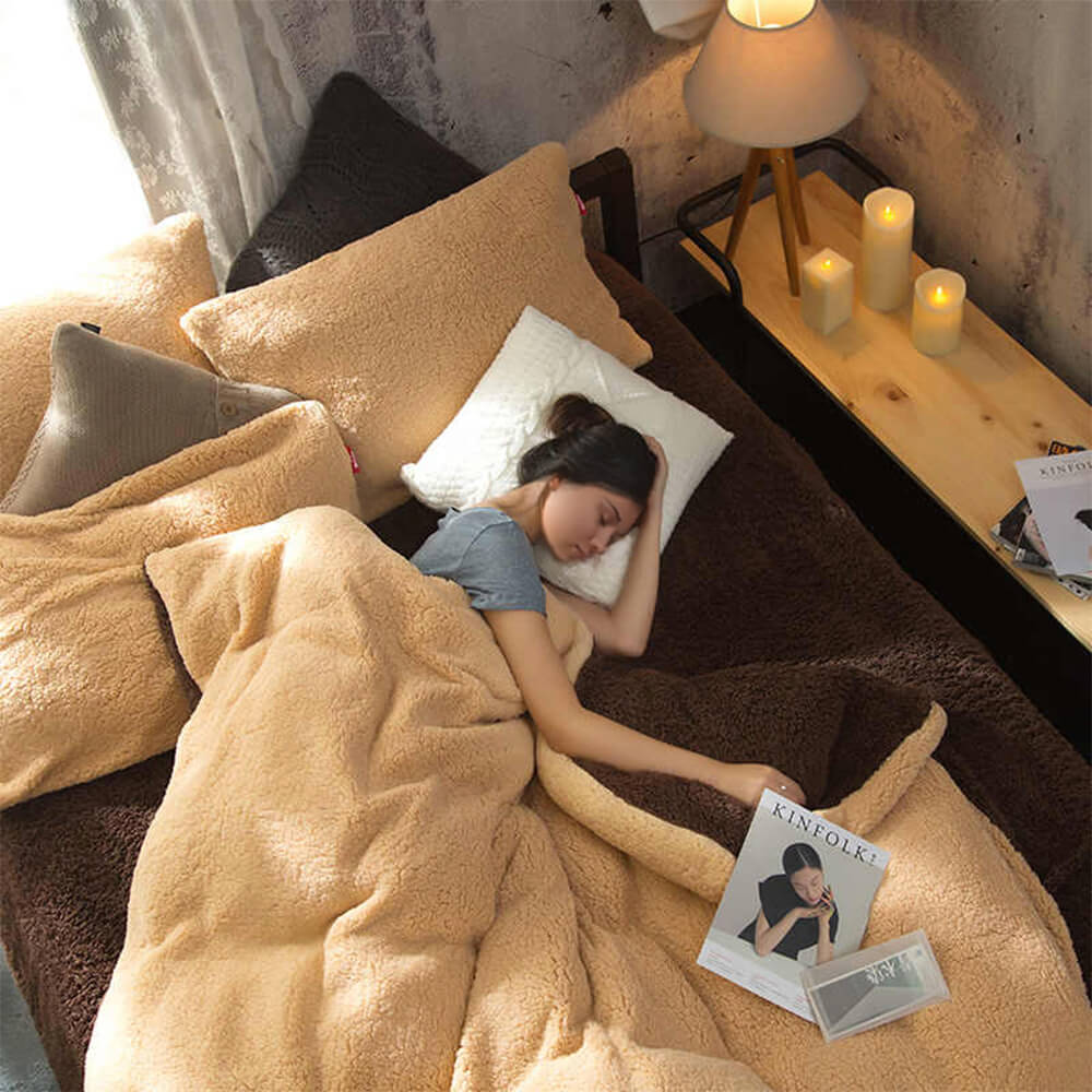 Reversible Two-Tone Thickened Warm Sherpa Fleece Bed Sheet Set - Holidayae