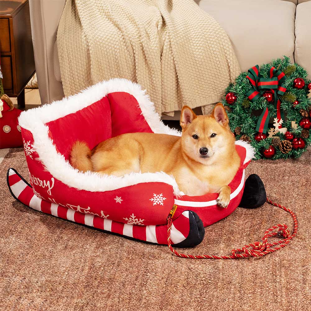 Festive Plush Cozy Dog Bed - Christmas Sleigh - Holidayae