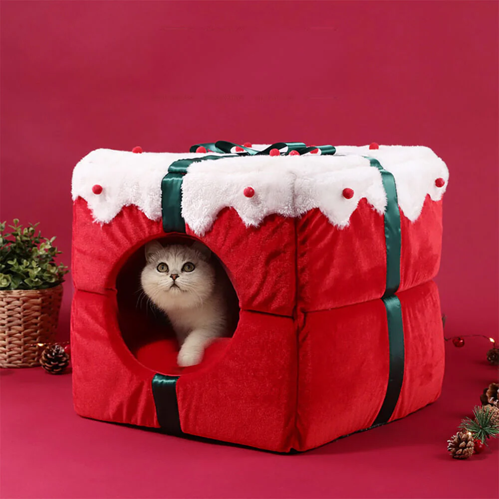 Christmas Gift Box Warm Sleeping Semi-Enclosed Cave Dog & Cat Bed - Holidayae