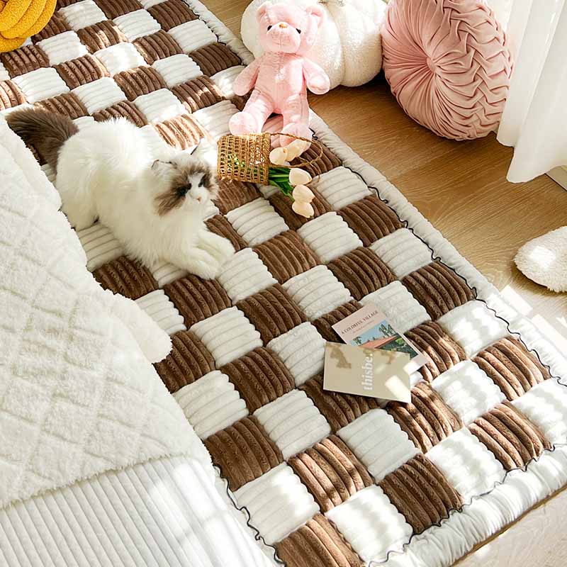 Cream-colored Large Plaid Square Fuzzy Pet Mat Bed Couch Cover - Holidayae